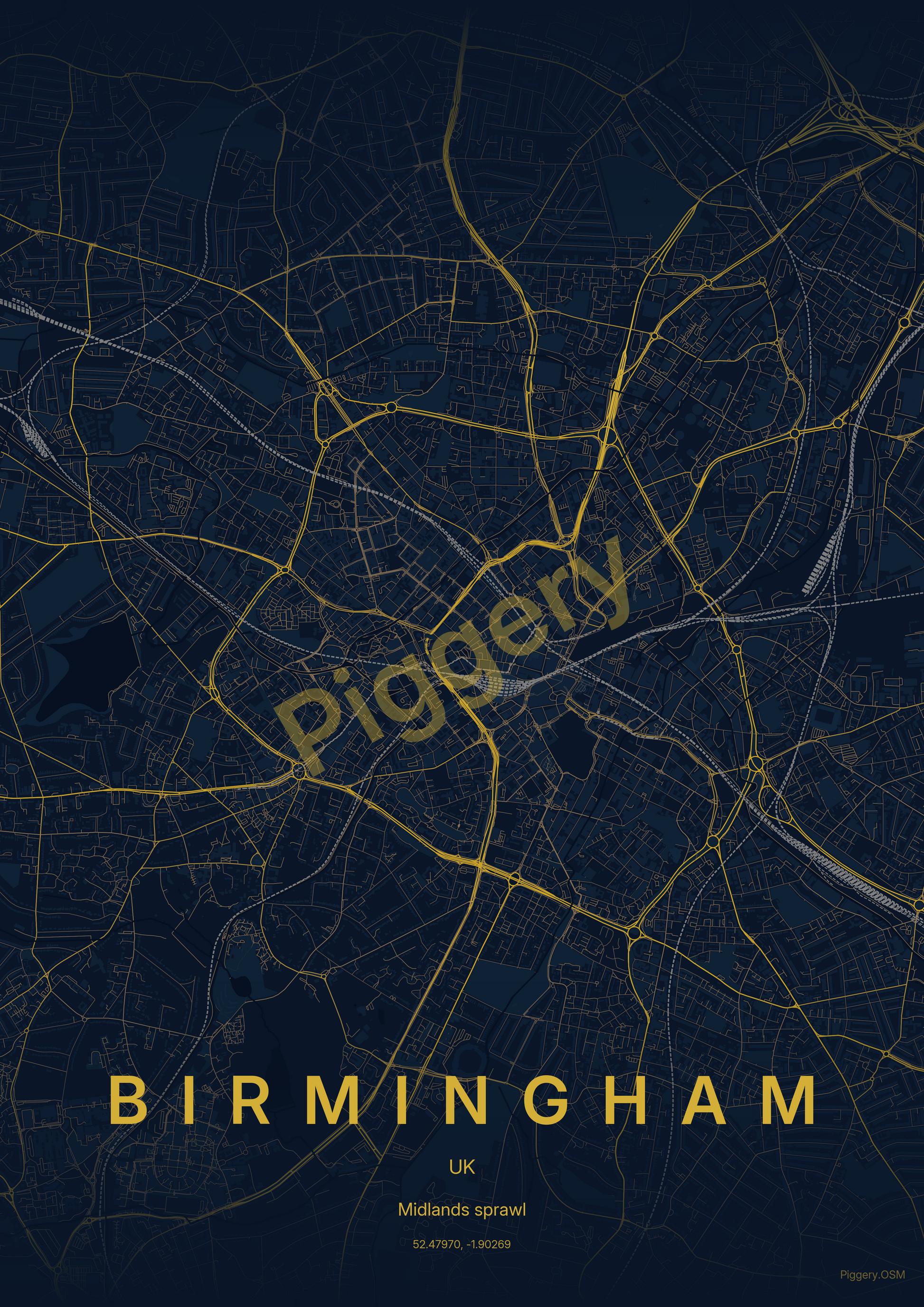Birmingham Deep Nightfall custom map poster by Piggery Studio