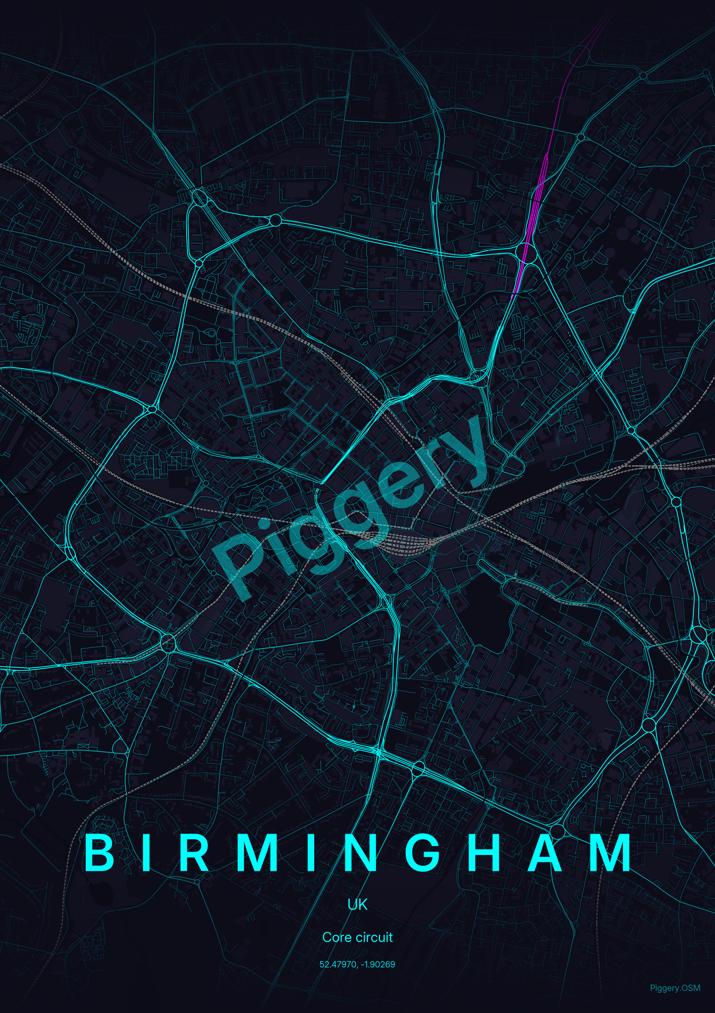 Birmingham Neon Circuit custom map poster by Piggery Studio