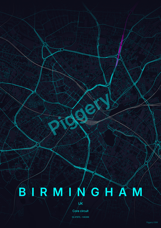 Birmingham Neon Circuit custom map poster by Piggery Studio