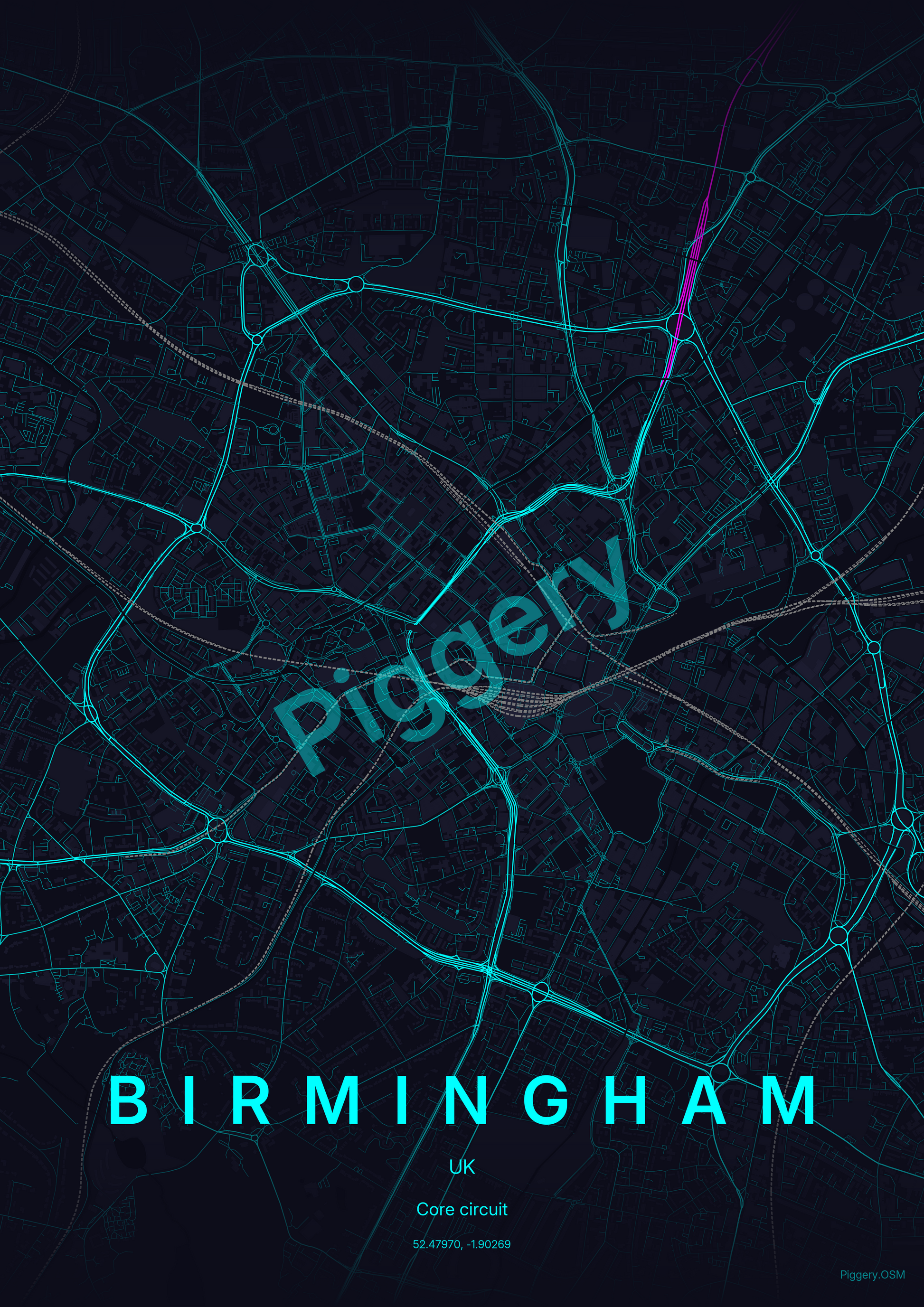 Birmingham Neon Circuit custom map poster by Piggery Studio