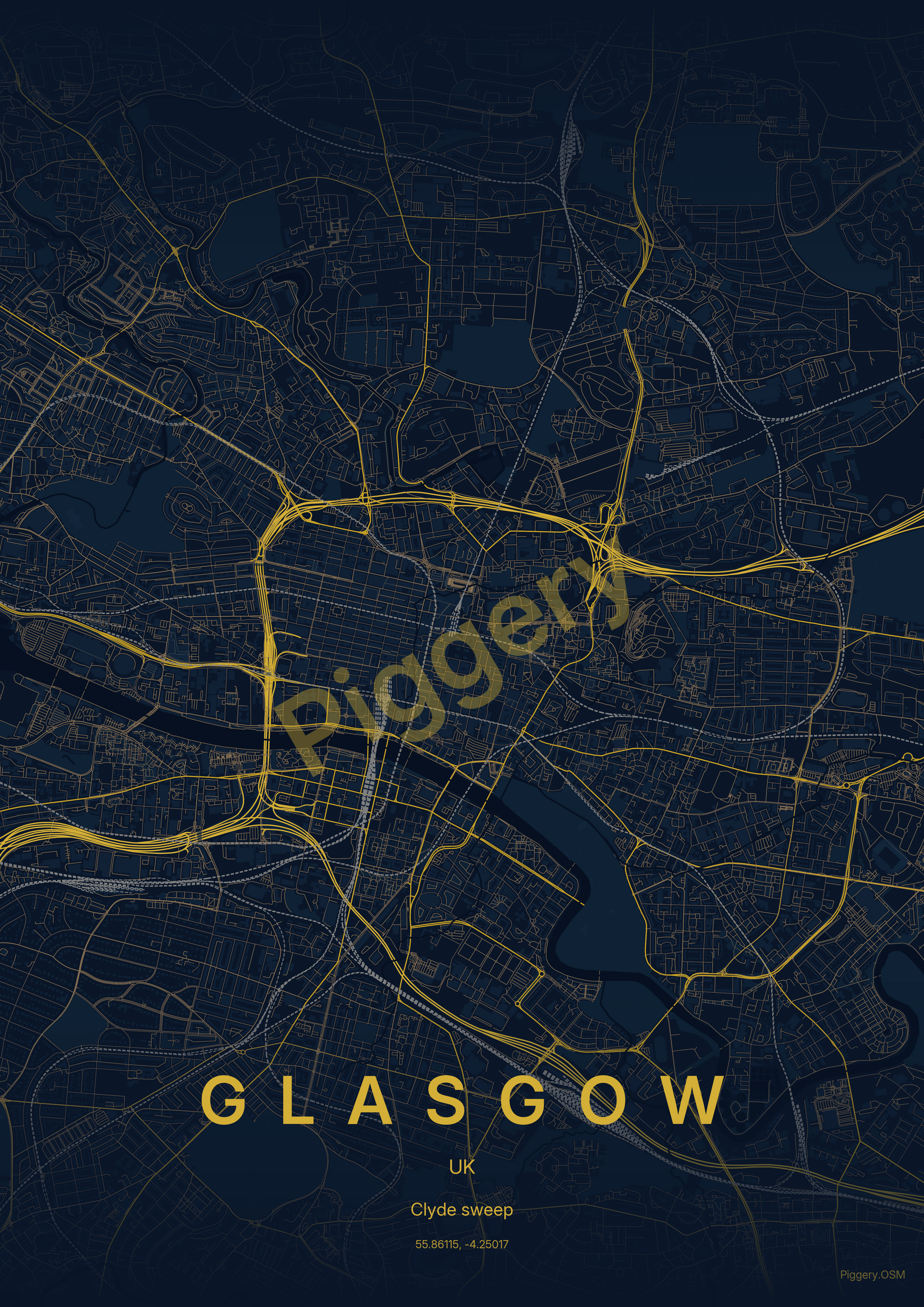 Glasgow Deep Nightfall custom map poster by Piggery Studio