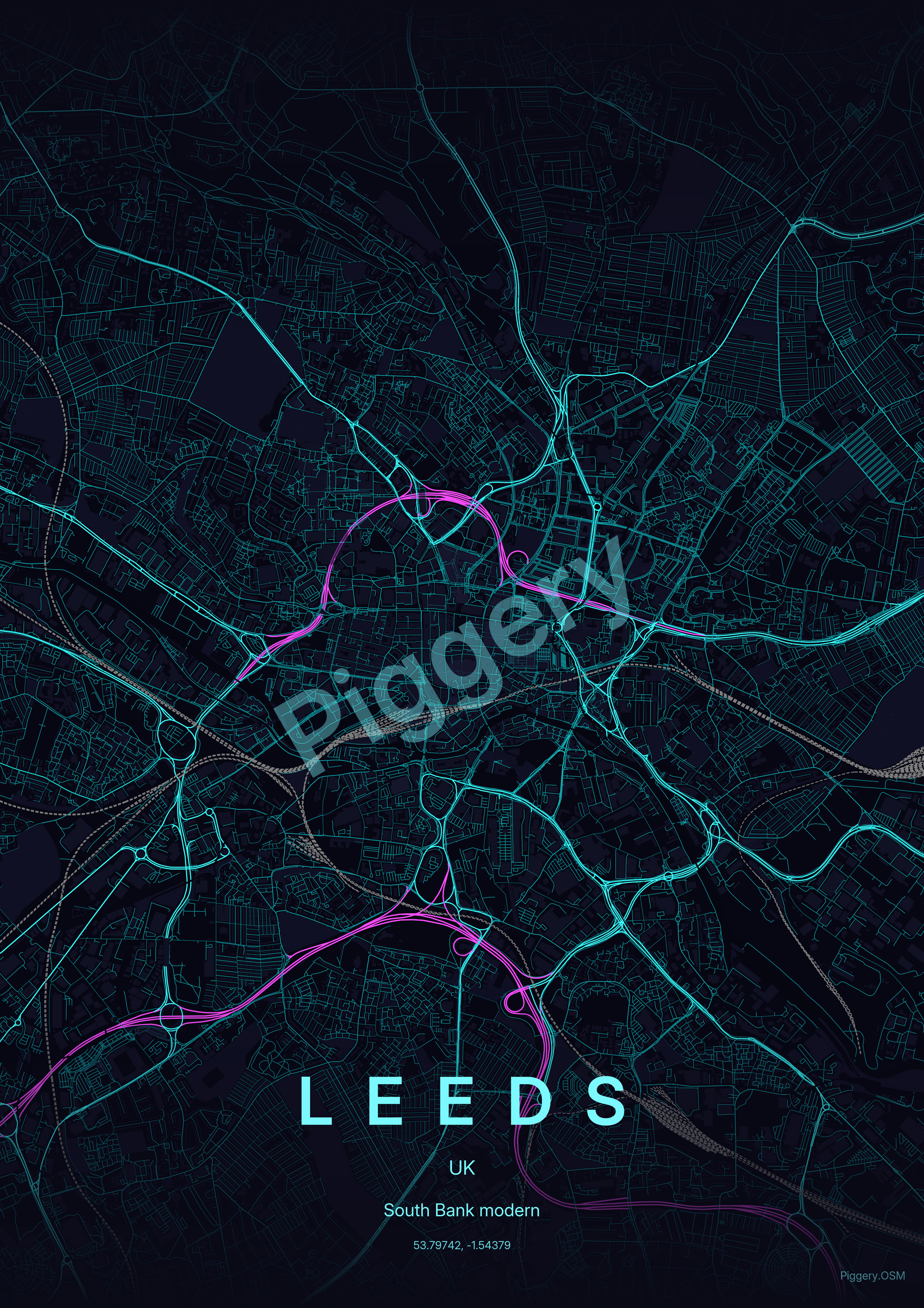 Leeds Electric Horizon custom map poster by Piggery Studio