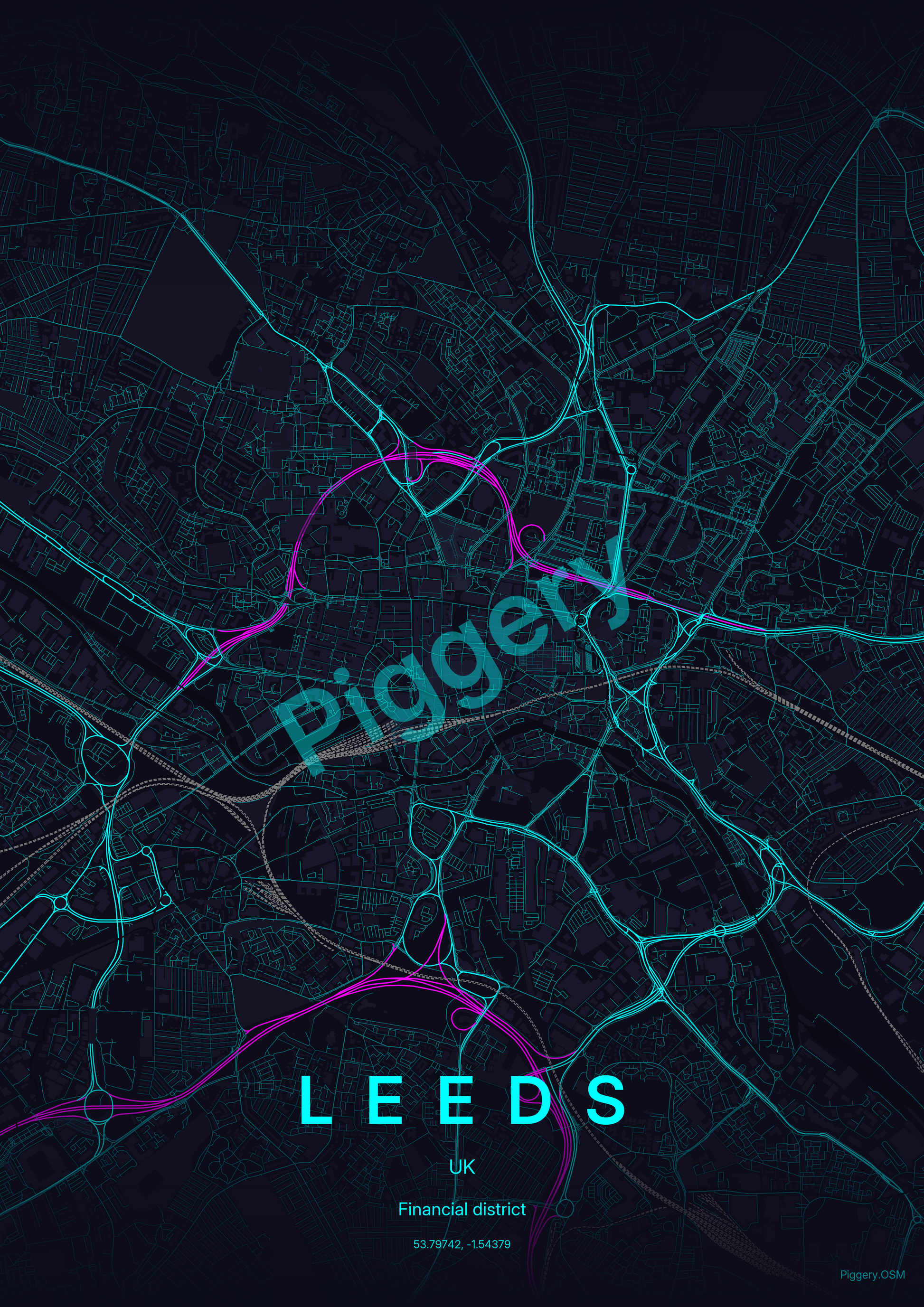 Leeds Neon Circuit custom map poster by Piggery Studio