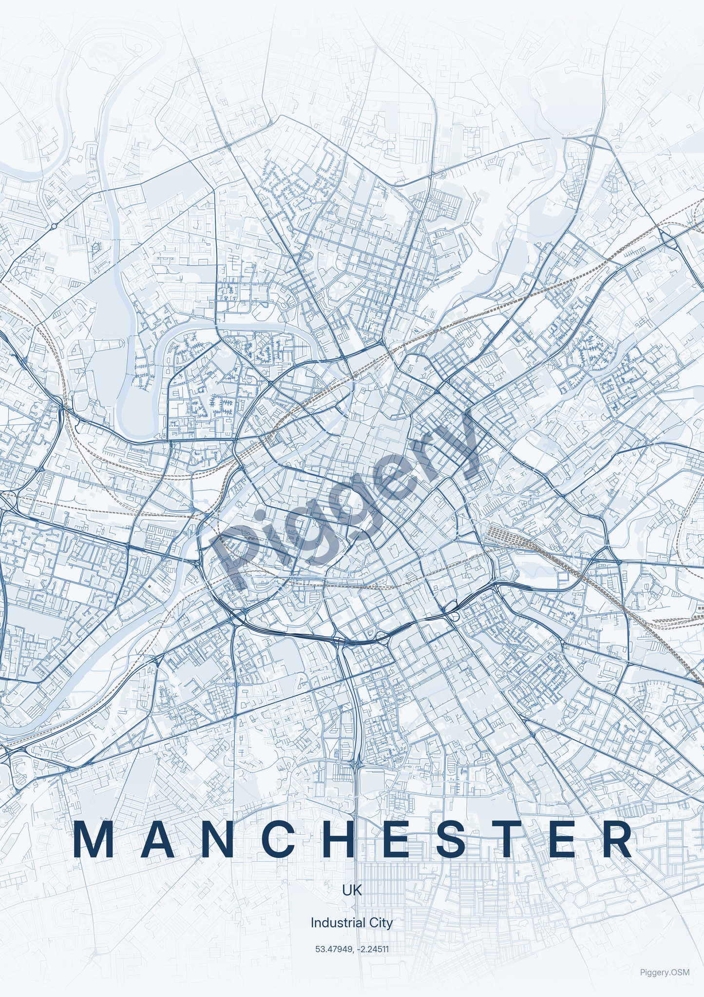 Manchester Cobalt Monoline custom map poster by Piggery Studio