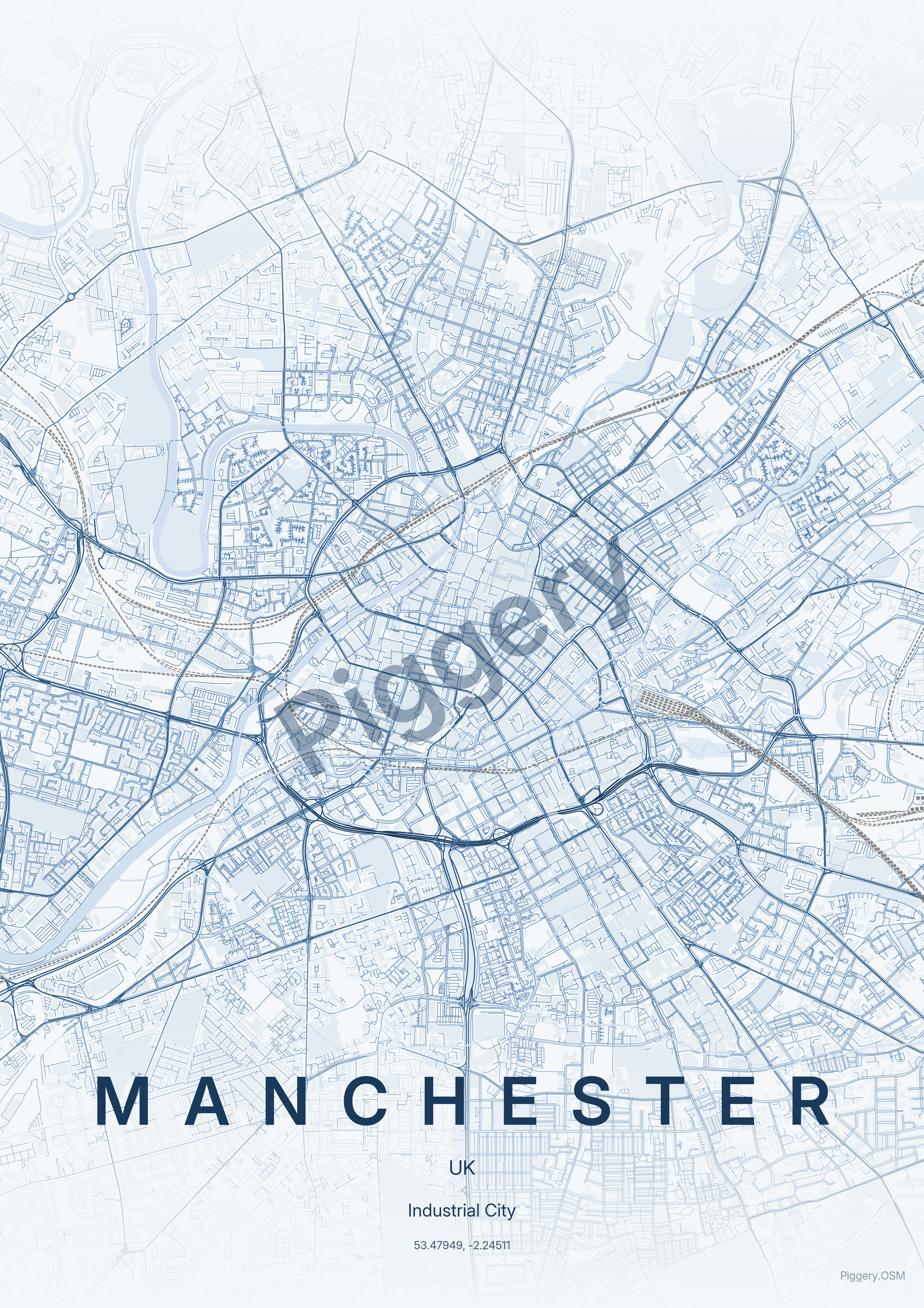 Manchester Cobalt Monoline custom map poster by Piggery Studio