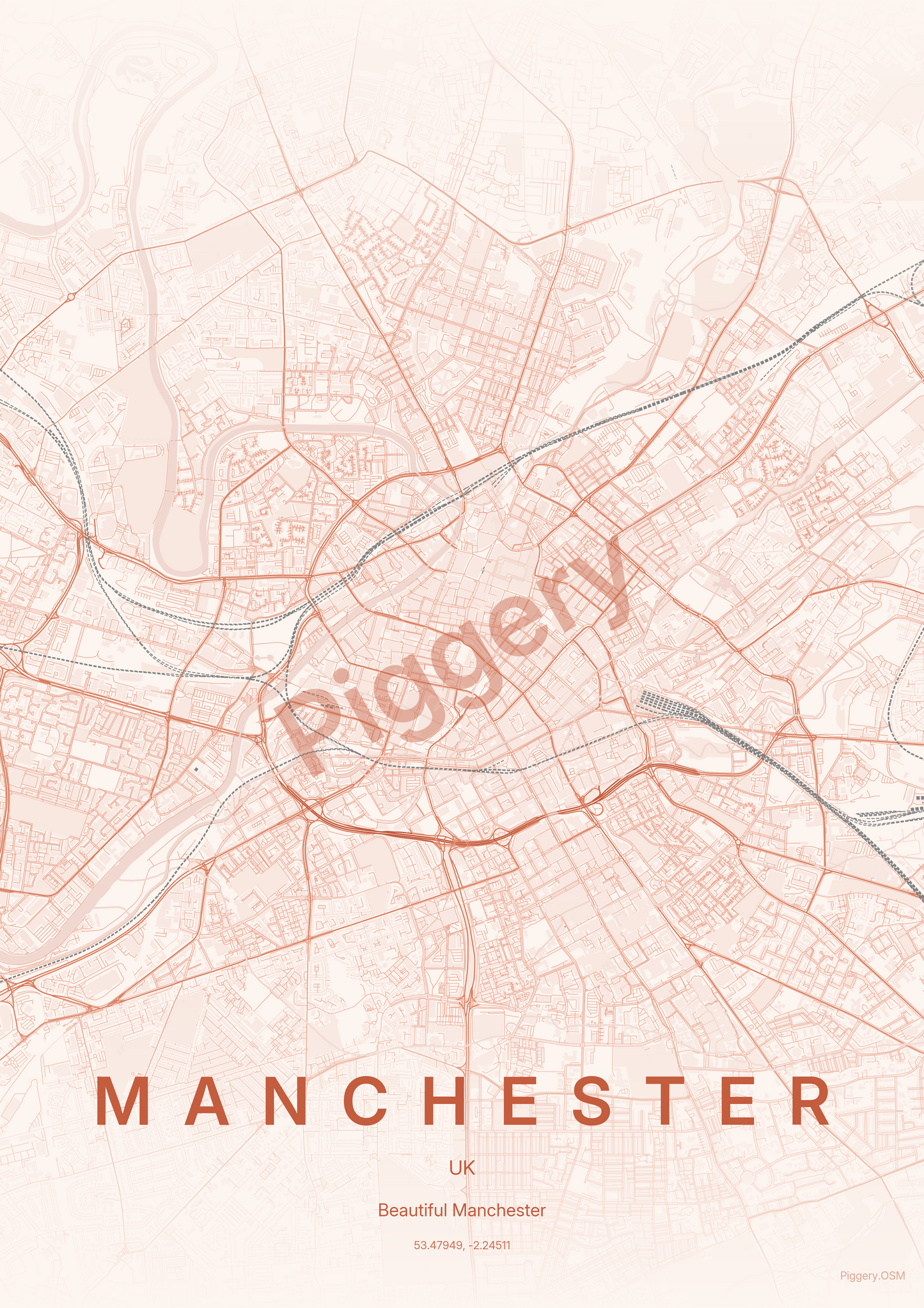 Manchester Dusk Ember custom map poster by Piggery Studio