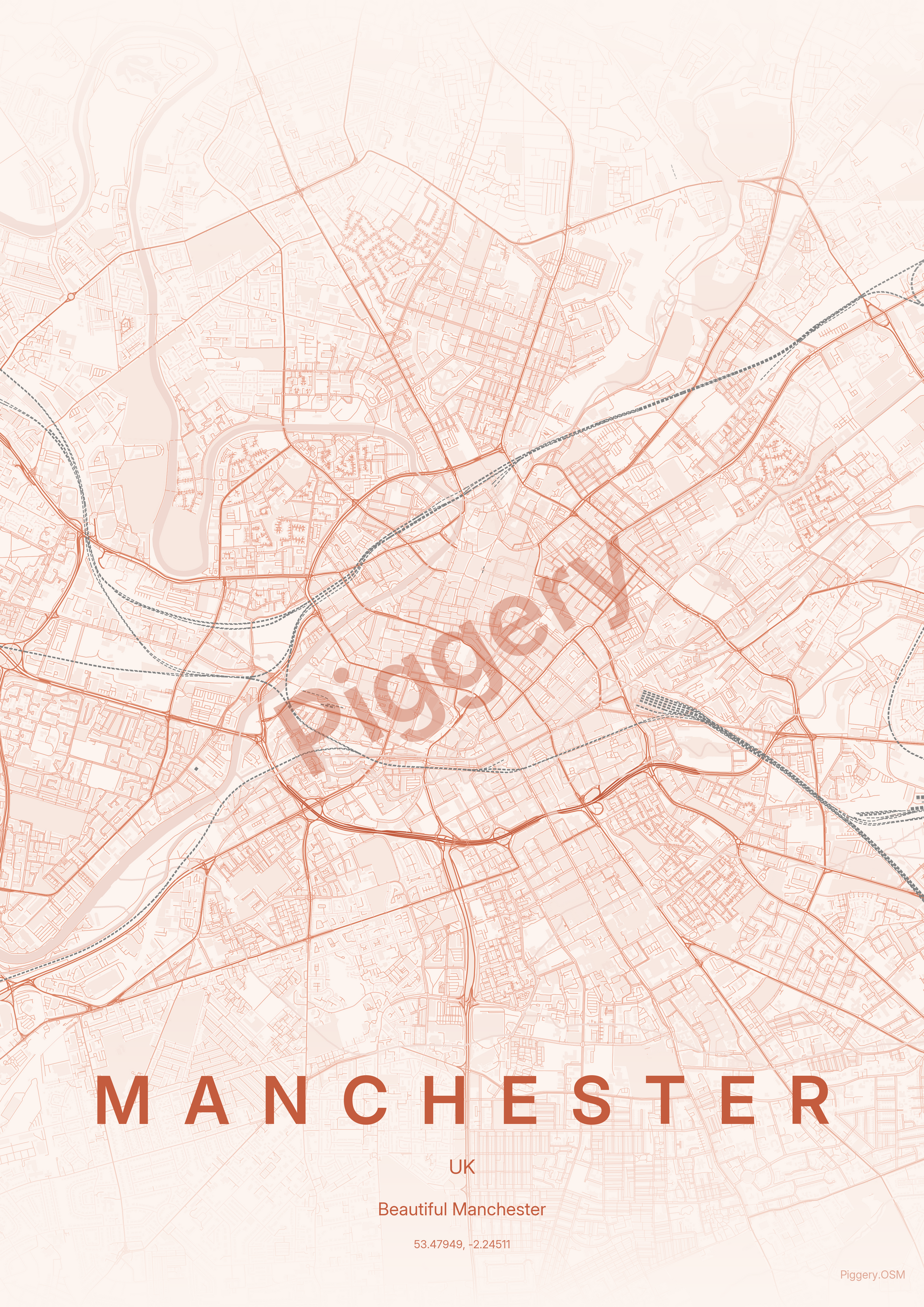 Manchester Dusk Ember custom map poster by Piggery Studio