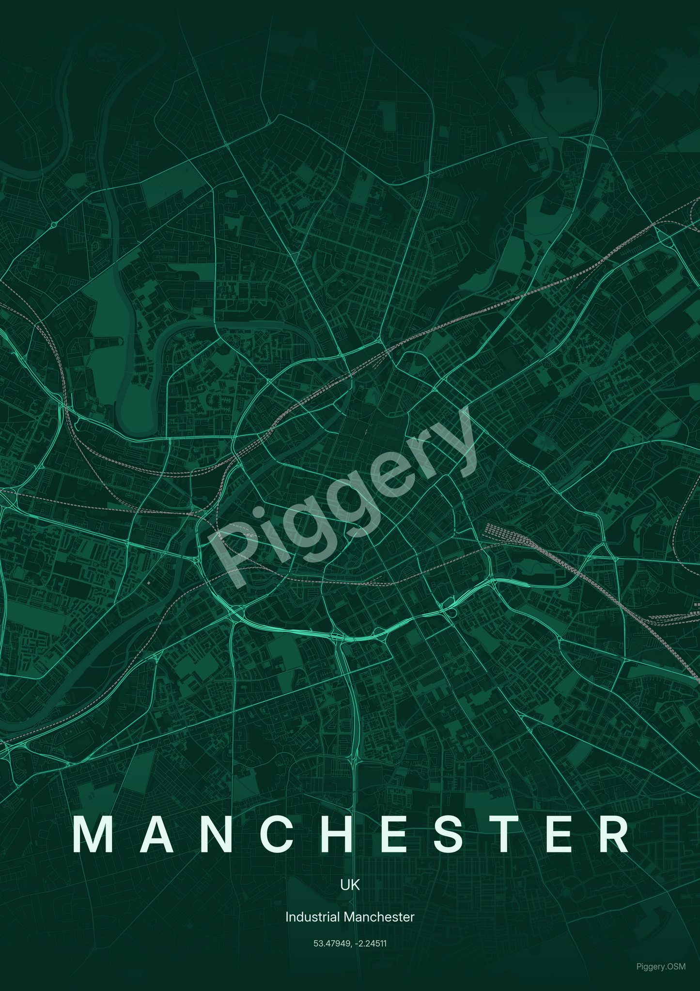Manchester Jade Orbit custom map poster by Piggery Studio