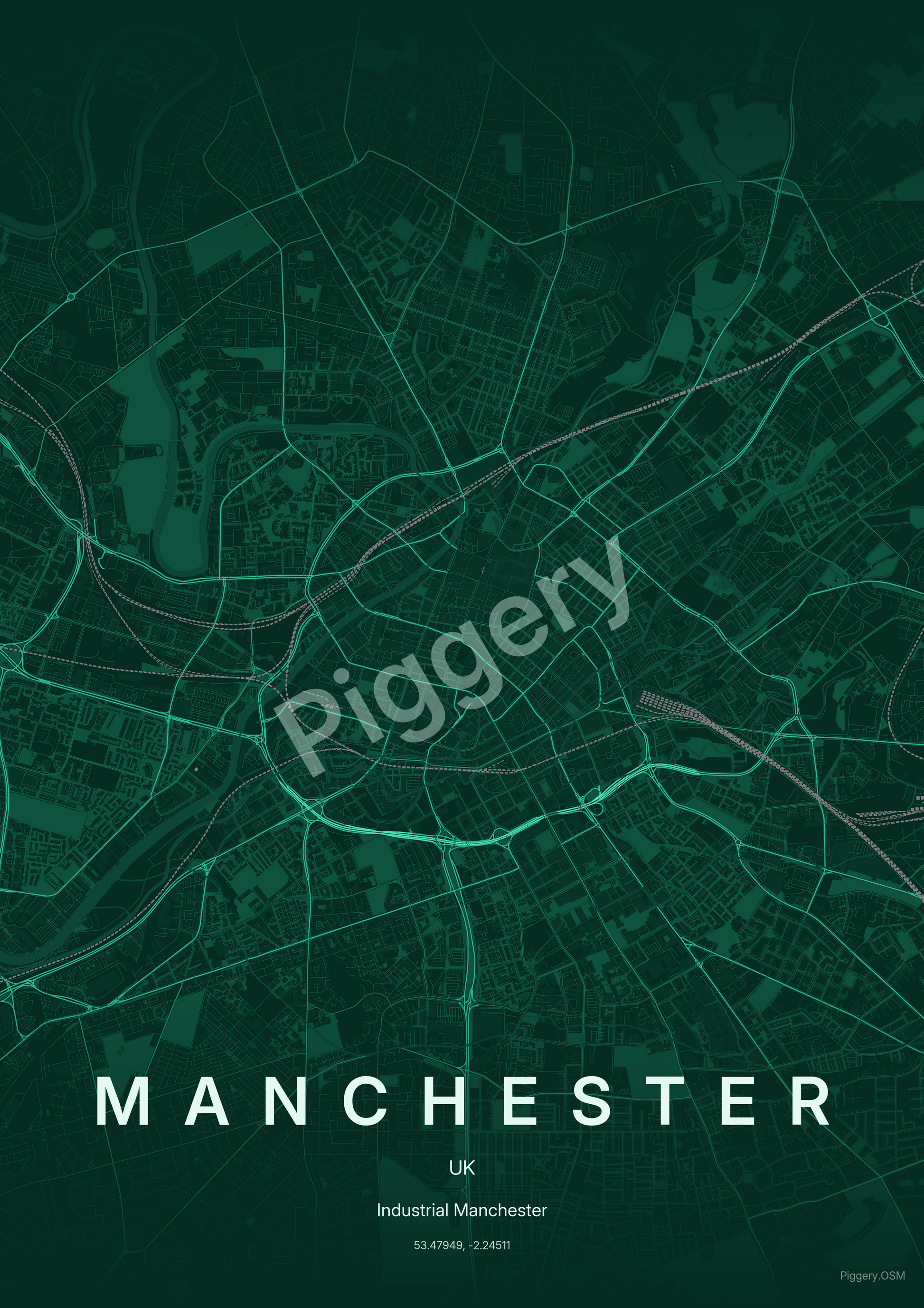 Manchester Jade Orbit custom map poster by Piggery Studio