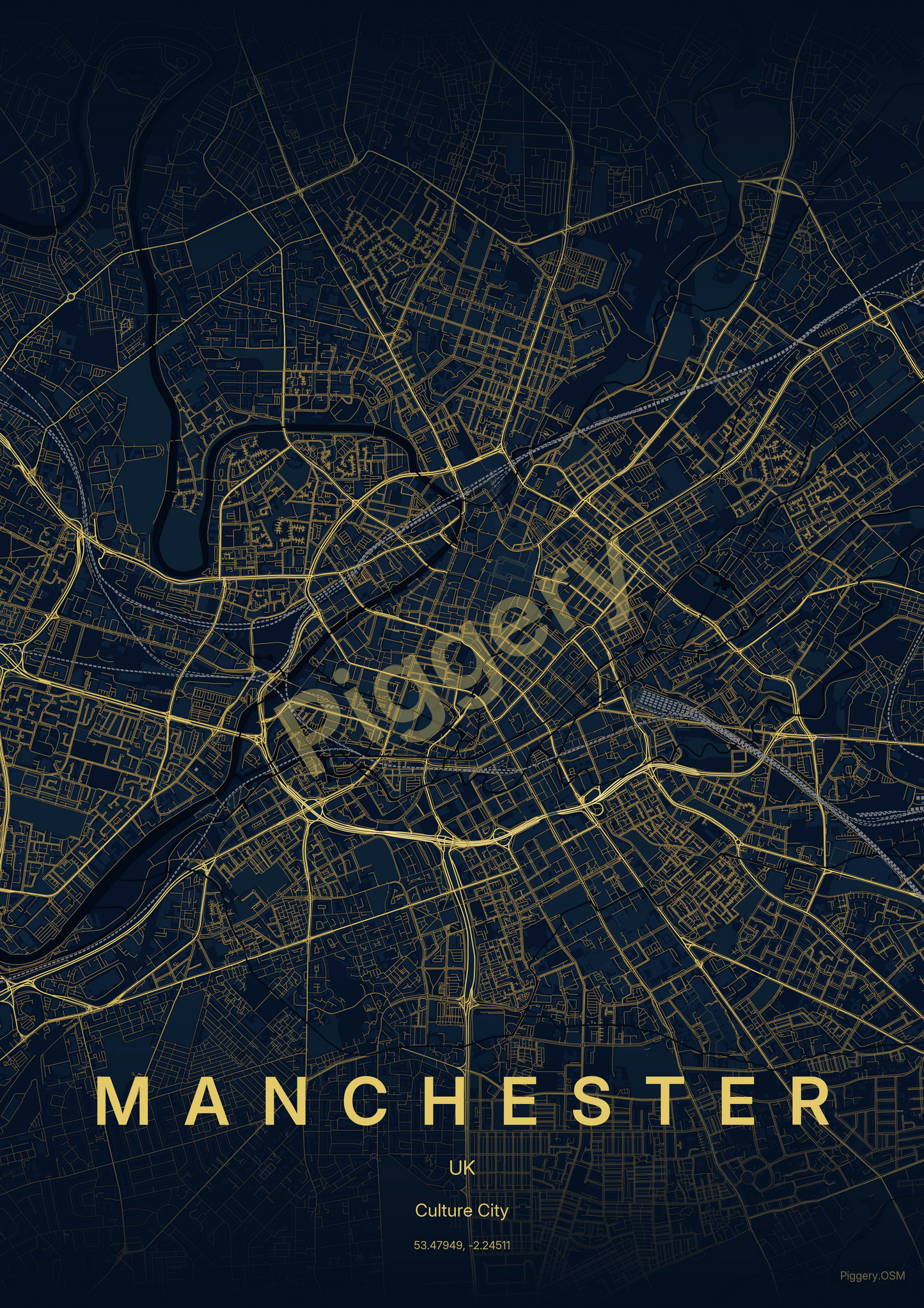 Manchester Starlit Depth map poster — navy & stellar gold design