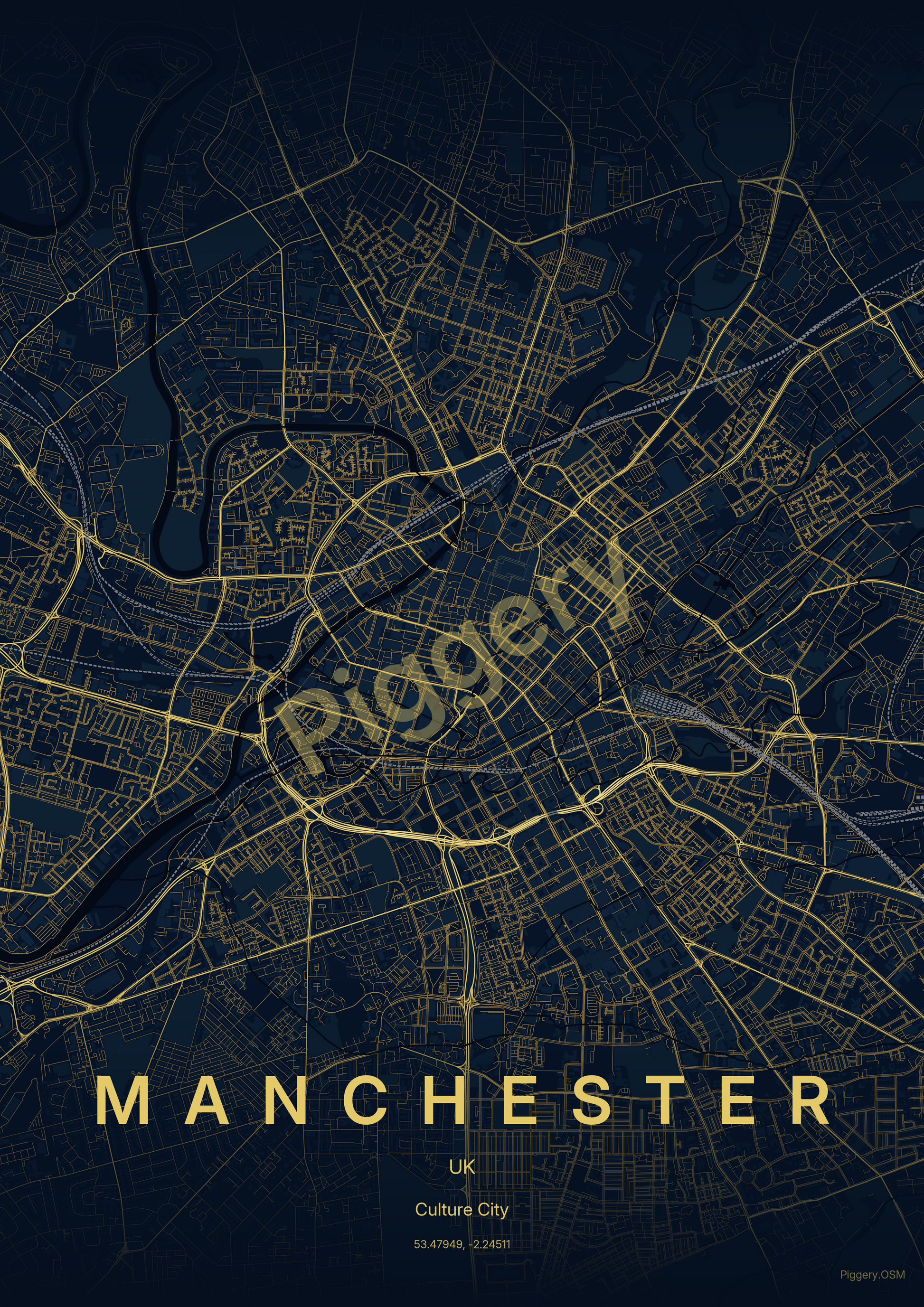 Manchester Starlit Depth map poster — navy & stellar gold design