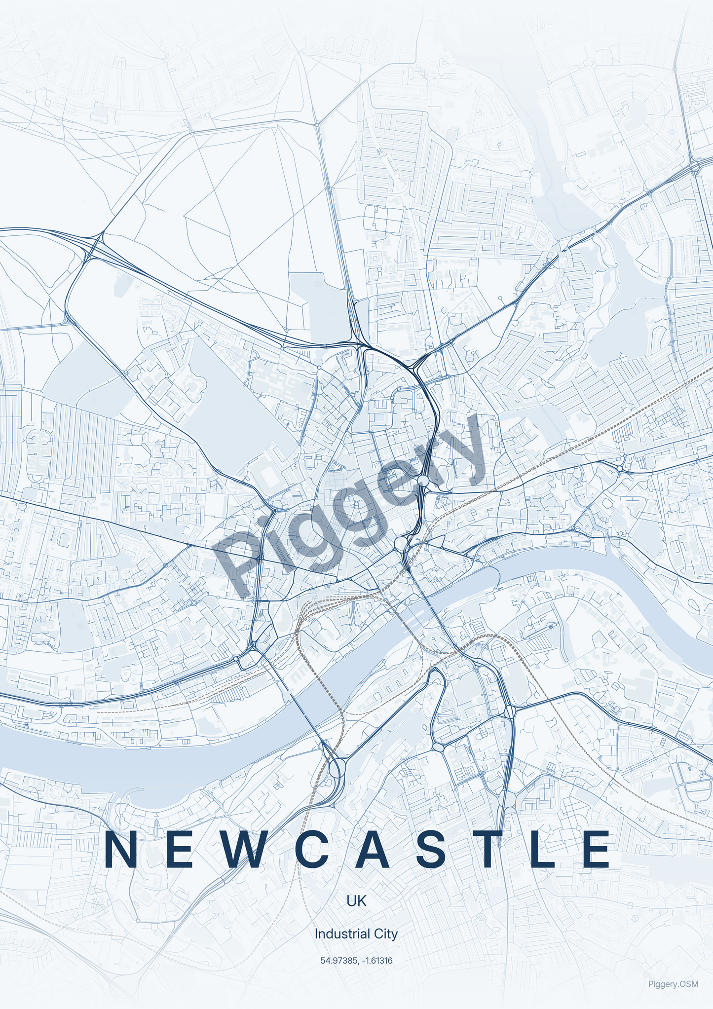 Newcastle Cobalt Monoline custom map poster by Piggery Studio