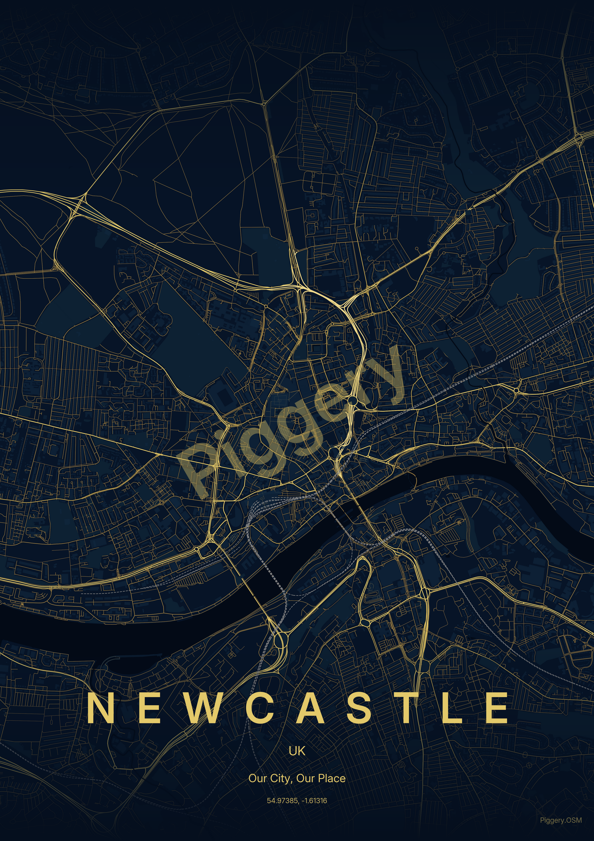 Newcastle Starlit Depth custom map poster by Piggery Studio