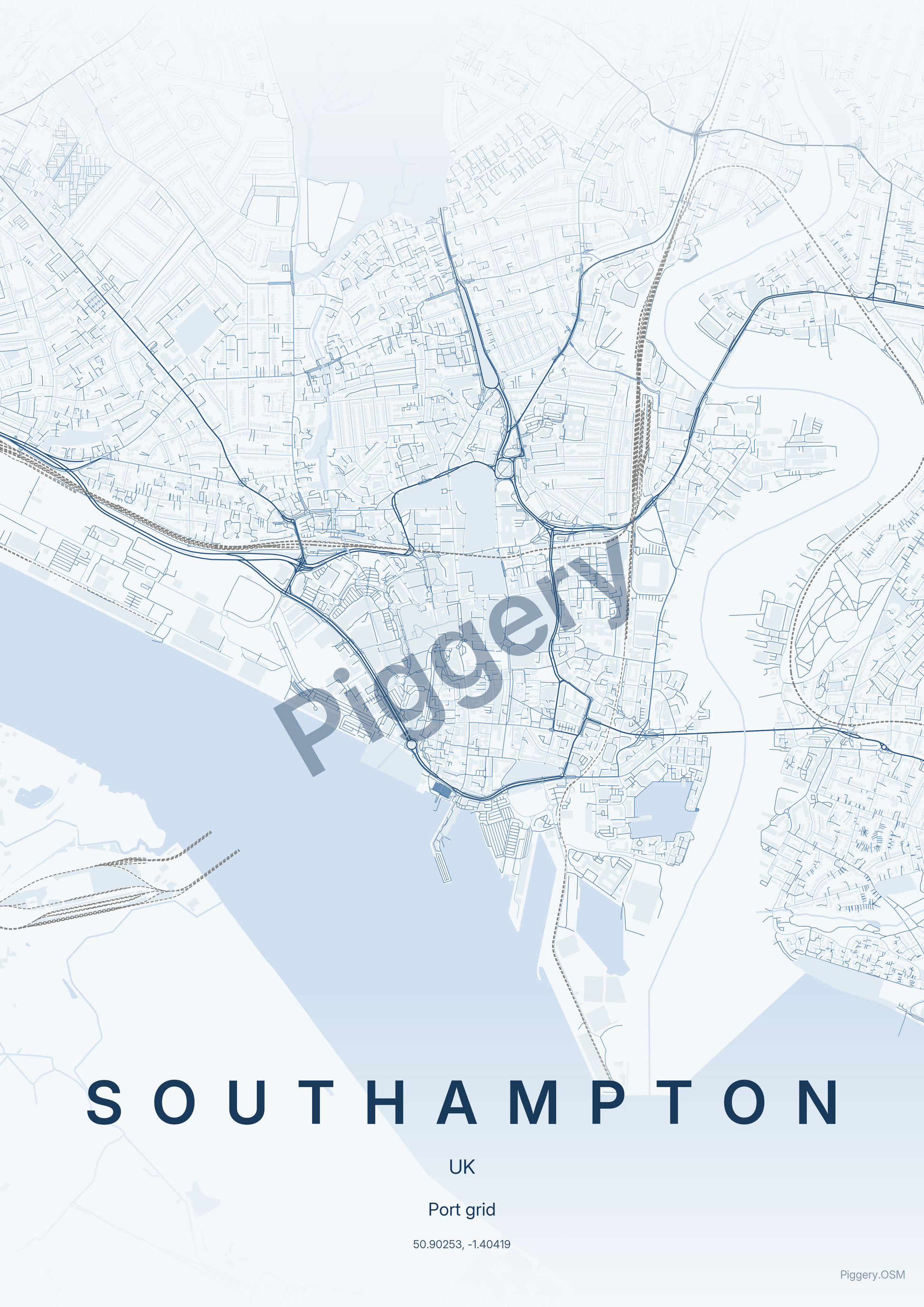 Southampton Cobalt Monoline custom map poster by Piggery Studio